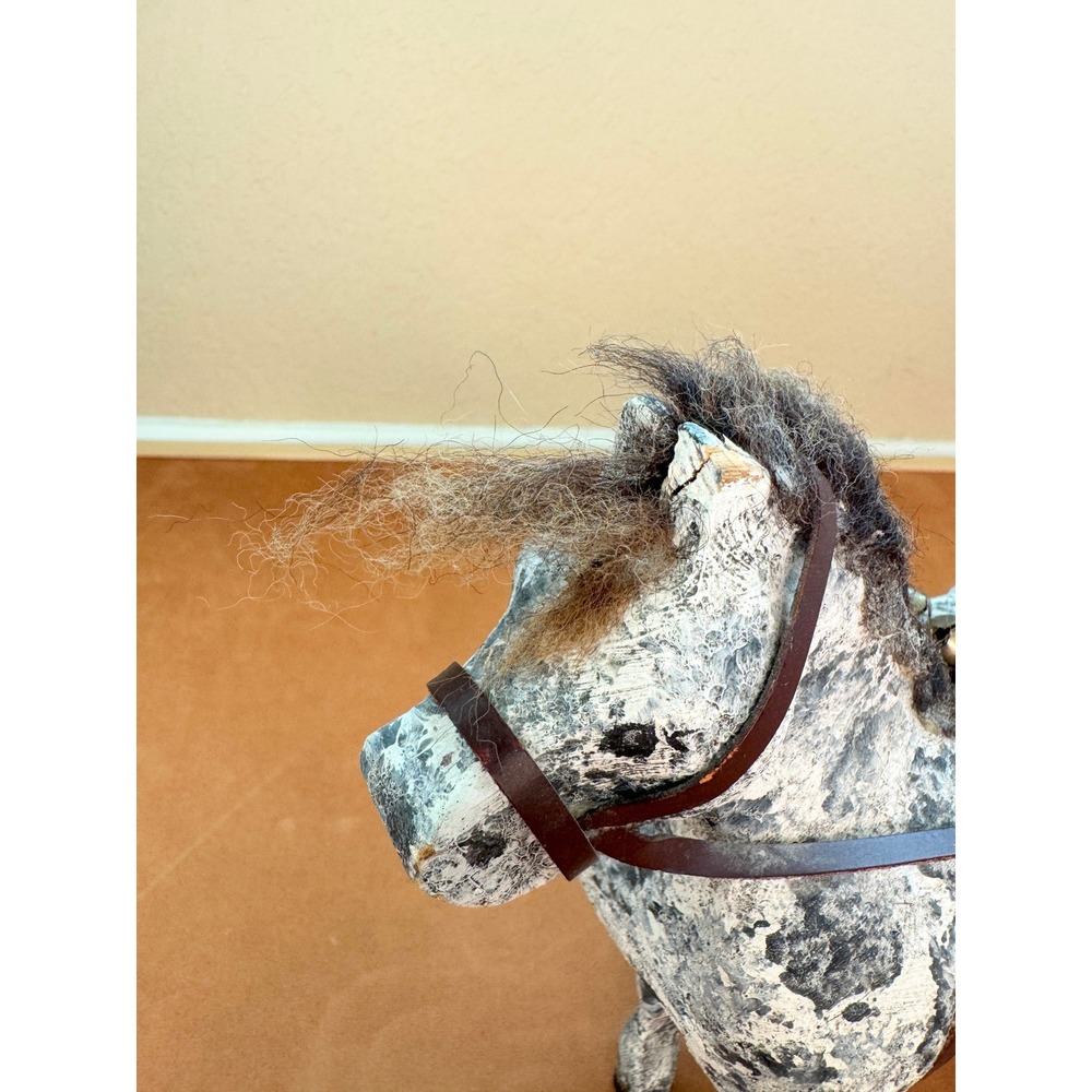 Vintage Primitive Dapple Gray Horse Figurine Wool Mane Western Farmhouse Decor - Picture 7 of 12